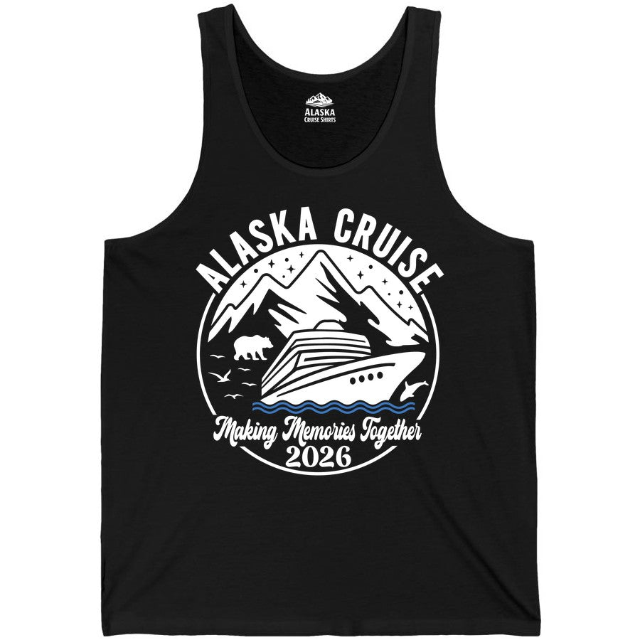 Alaska Cruise Shirt - Family Adventure 2026 Souvenir Apparel (Tank Top) in Black - Alaska Cruise Adventure 2026 Shirt - Mountains Wildlife and Ship Retro