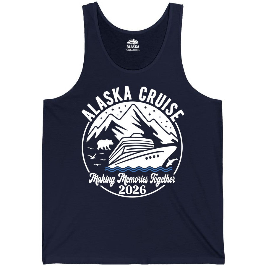 Alaska Cruise Shirt - Family Adventure 2026 Souvenir Apparel (Tank Top) in Navy - Alaska Cruise Adventure 2026 Shirt - Mountains Wildlife and Ship Retro