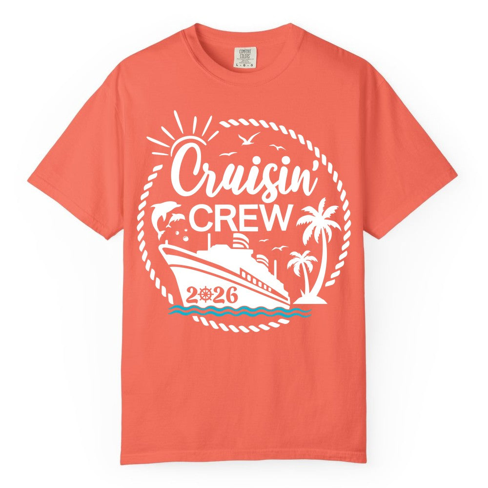 Cruisin Crew Shirt for Cruise Groups - Tropical Family Vacation 2026 (Comfort Color) in Bright Salmon - Cruisin Crew Shirt Tropical Family Group Cruise 2026 Caribbean Islands