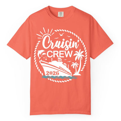 Cruisin Crew Shirt for Cruise Groups - Tropical Family Vacation 2026 (Comfort Color) in Bright Salmon - Cruisin Crew Shirt Tropical Family Group Cruise 2026 Caribbean Islands