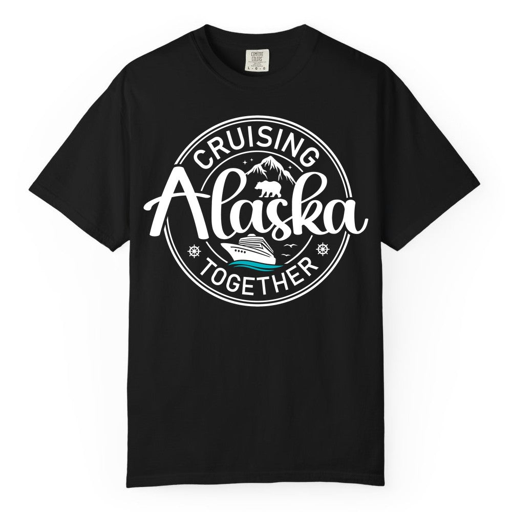 Alaska Cruise Shirt - Retro Family Vacation Apparel for Groups (Comfort Color) in Black - Alaska Cruise Adventure Retro Badge Shirt - Mountains Bear Ship Family