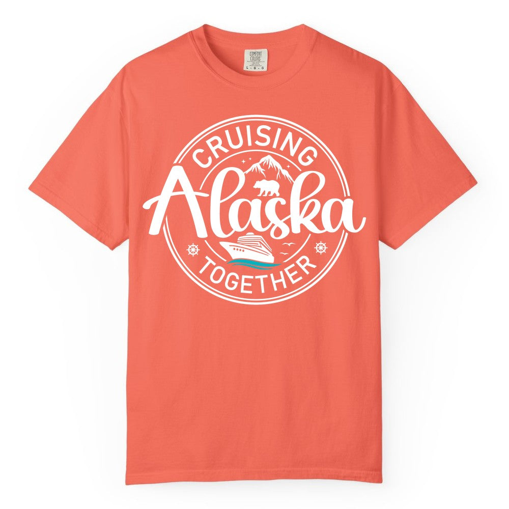 Alaska Cruise Shirt - Retro Family Vacation Apparel for Groups (Comfort Color) in Bright Salmon - Alaska Cruise Adventure Retro Badge Shirt - Mountains Bear Ship Family