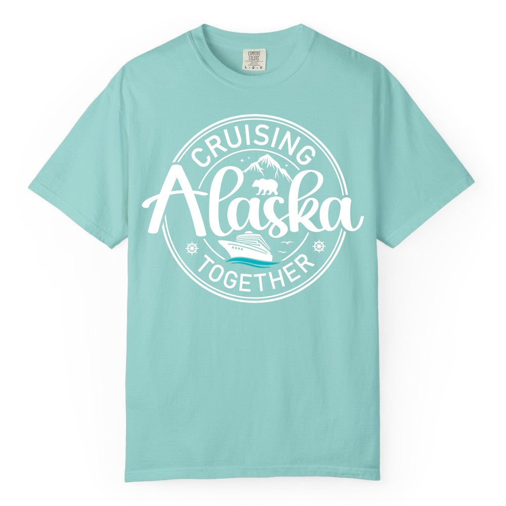 Alaska Cruise Shirt - Retro Family Vacation Apparel for Groups (Comfort Color) in Chalky Mint - Alaska Cruise Adventure Retro Badge Shirt - Mountains Bear Ship Family