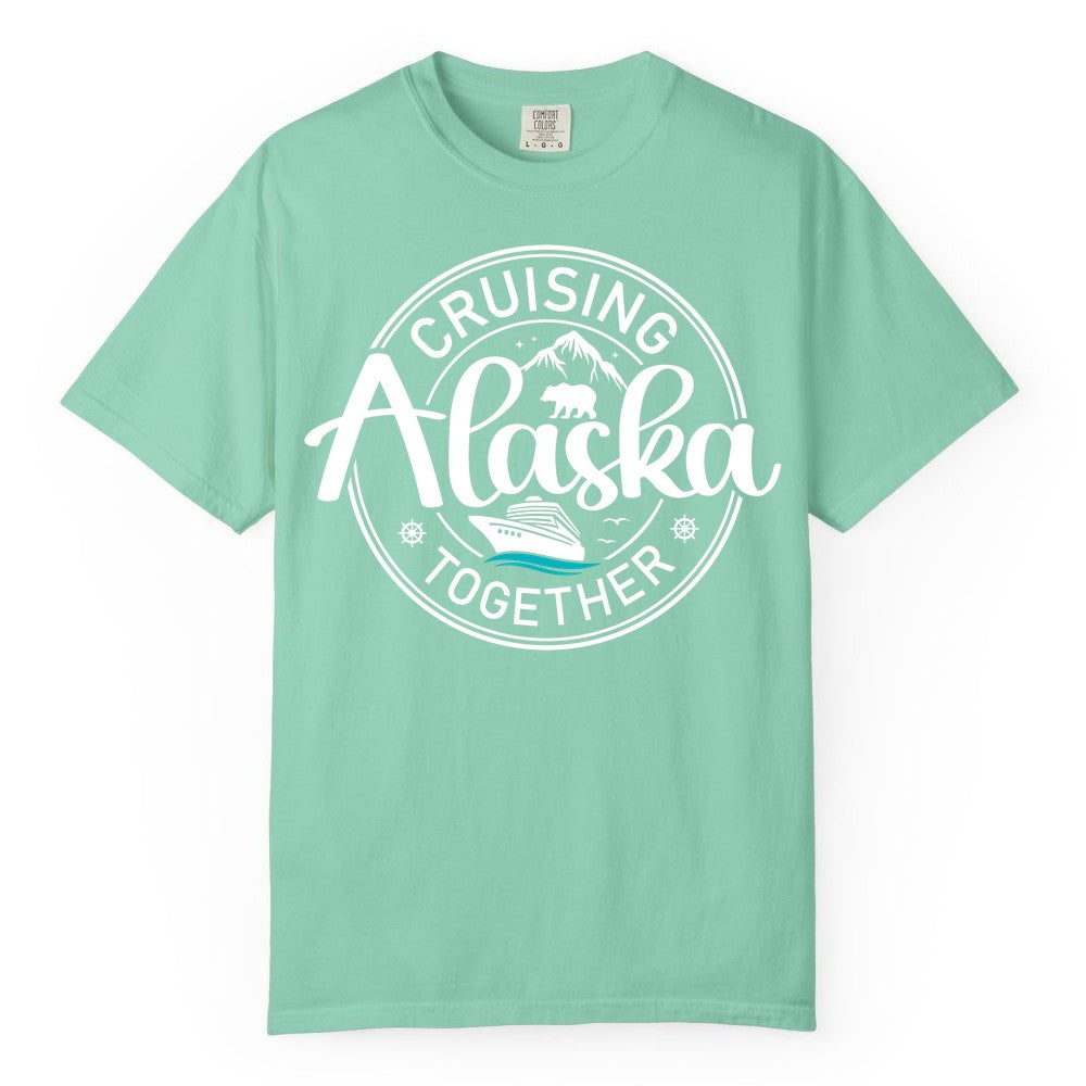 Alaska Cruise Shirt - Retro Family Vacation Apparel for Groups (Comfort Color) in Island Reef - Alaska Cruise Adventure Retro Badge Shirt - Mountains Bear Ship Family
