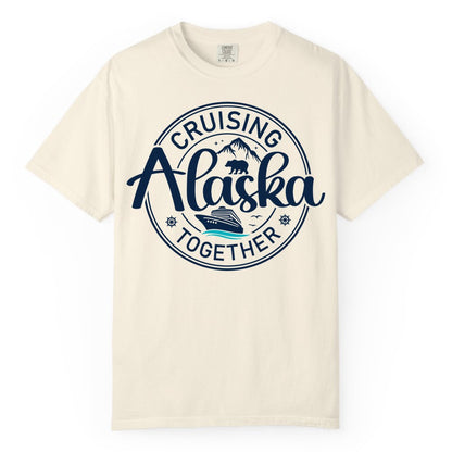 Alaska Cruise Shirt - Retro Family Vacation Apparel for Groups (Comfort Color) in Ivory - Alaska Cruise Adventure Retro Badge Shirt - Mountains Bear Ship Family