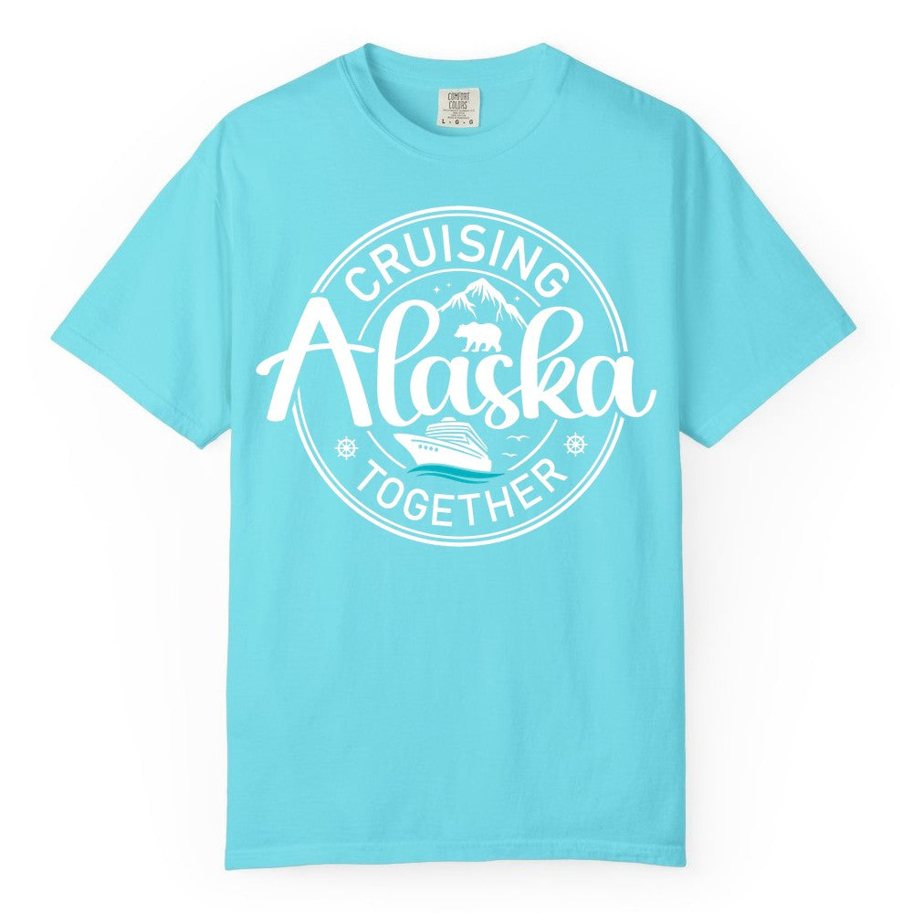 Alaska Cruise Shirt - Retro Family Vacation Apparel for Groups (Comfort Color) in Lagoon Blue - Alaska Cruise Adventure Retro Badge Shirt - Mountains Bear Ship Family