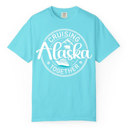 Alaska Cruise Shirt - Retro Family Vacation Apparel for Groups (Comfort Color) in Lagoon Blue - Alaska Cruise Adventure Retro Badge Shirt - Mountains Bear Ship Family