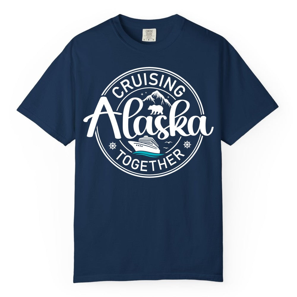 Alaska Cruise Shirt - Retro Family Vacation Apparel for Groups (Comfort Color) in Navy - Alaska Cruise Adventure Retro Badge Shirt - Mountains Bear Ship Family