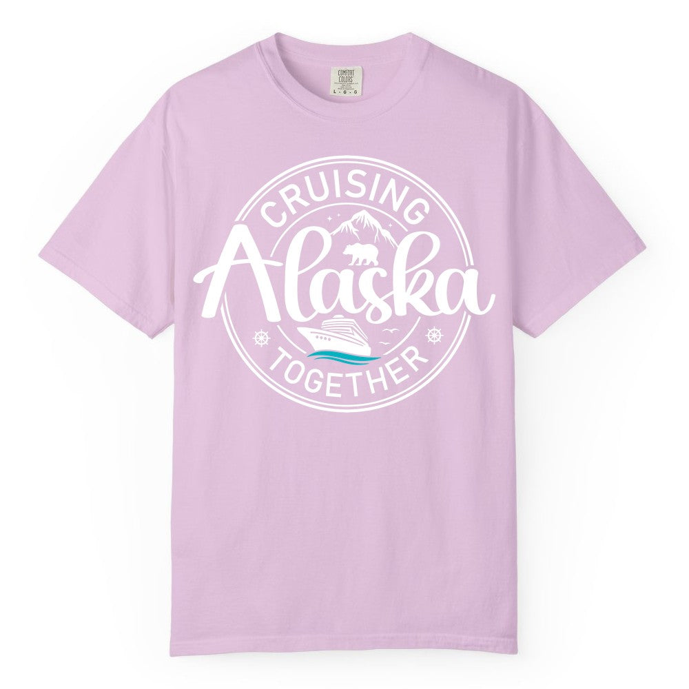 Alaska Cruise Shirt - Retro Family Vacation Apparel for Groups (Comfort Color) in Orchid - Alaska Cruise Adventure Retro Badge Shirt - Mountains Bear Ship Family