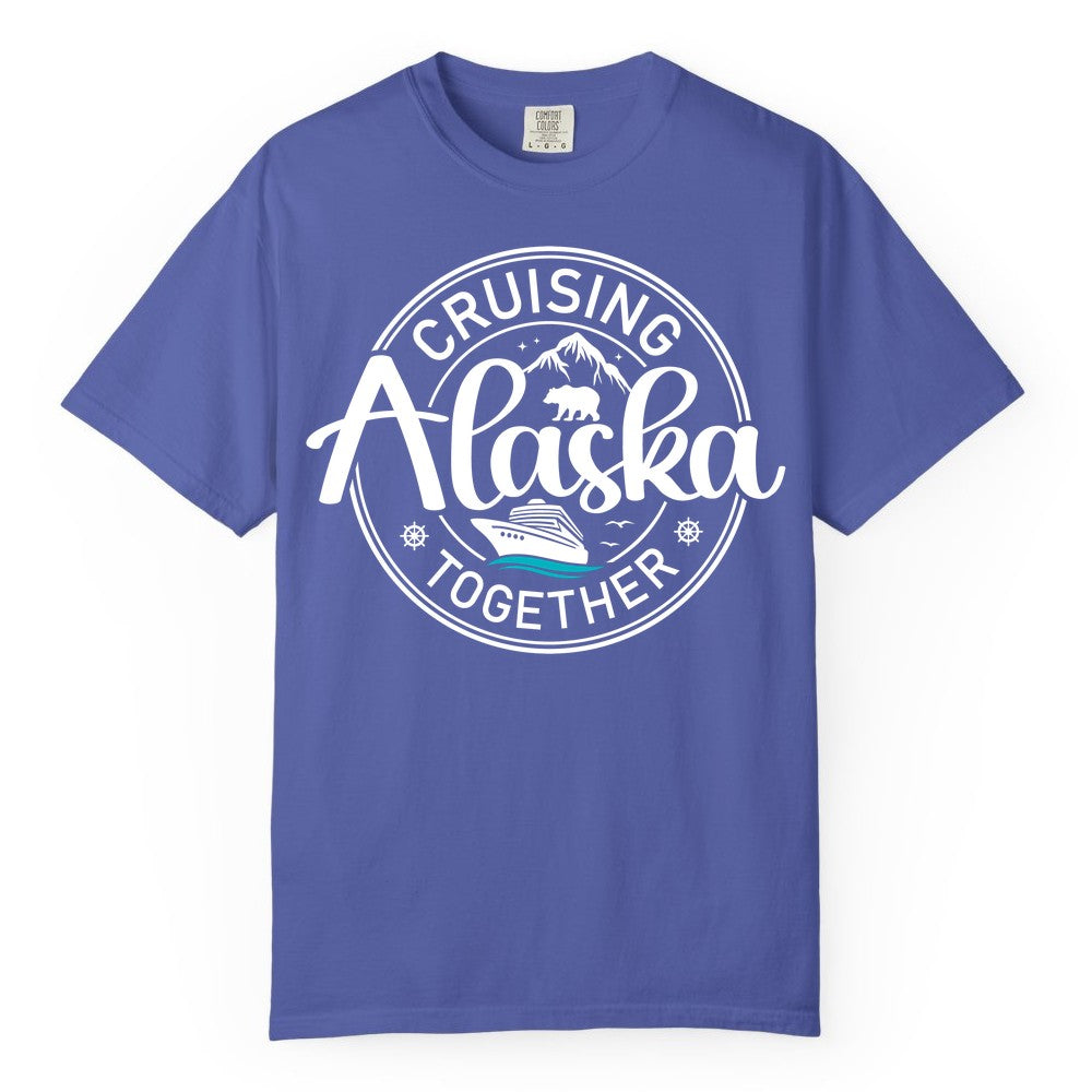 Alaska Cruise Shirt - Retro Family Vacation Apparel for Groups (Comfort Color) in Periwinkle - Alaska Cruise Adventure Retro Badge Shirt - Mountains Bear Ship Family
