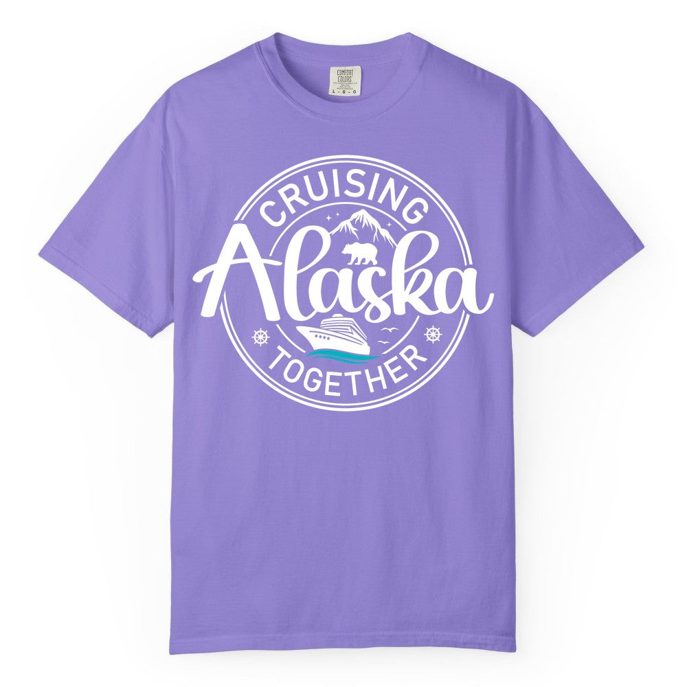 Alaska Cruise Shirt - Retro Family Vacation Apparel for Groups (Comfort Color) in Violet - Alaska Cruise Adventure Retro Badge Shirt - Mountains Bear Ship Family