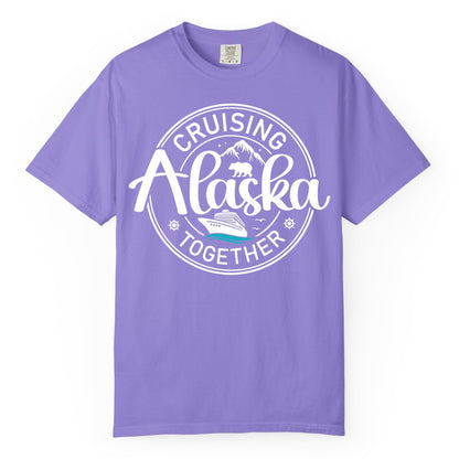 Alaska Cruise Shirt - Retro Family Vacation Apparel for Groups (Comfort Color) in Violet - Alaska Cruise Adventure Retro Badge Shirt - Mountains Bear Ship Family