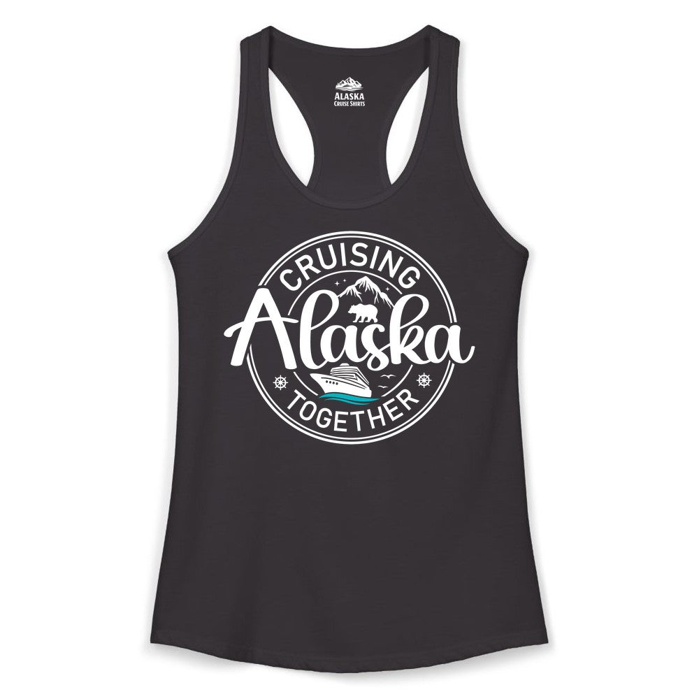 Alaska Cruise Shirt - Retro Family Vacation Apparel for Groups (Ladies Tank) in Black - Alaska Cruise Adventure Retro Badge Shirt - Mountains Bear Ship Family