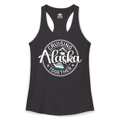 Alaska Cruise Shirt - Retro Family Vacation Apparel for Groups (Ladies Tank) in Black - Alaska Cruise Adventure Retro Badge Shirt - Mountains Bear Ship Family
