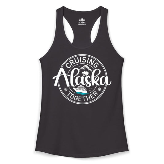 Alaska Cruise Shirt - Retro Family Vacation Apparel for Groups (Ladies Tank) in Black - Alaska Cruise Adventure Retro Badge Shirt - Mountains Bear Ship Family