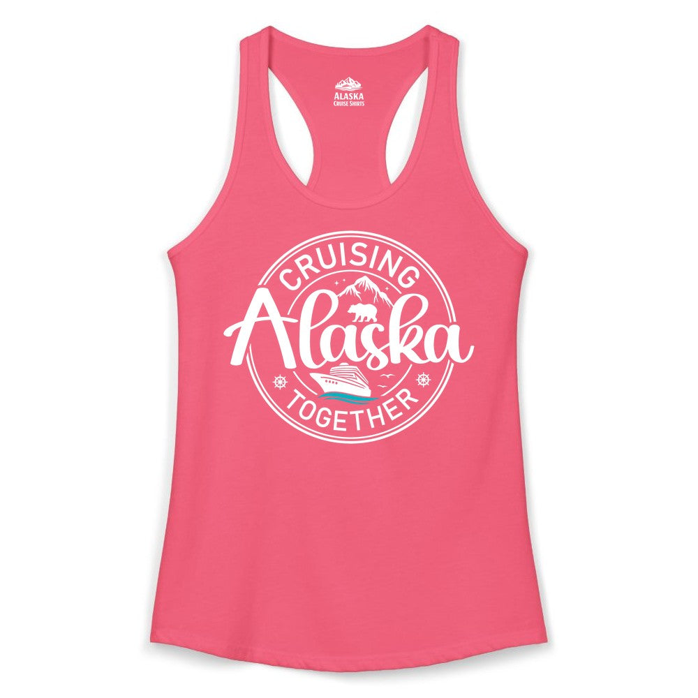 Alaska Cruise Shirt - Retro Family Vacation Apparel for Groups (Ladies Tank) in Hot Pink - Alaska Cruise Adventure Retro Badge Shirt - Mountains Bear Ship Family