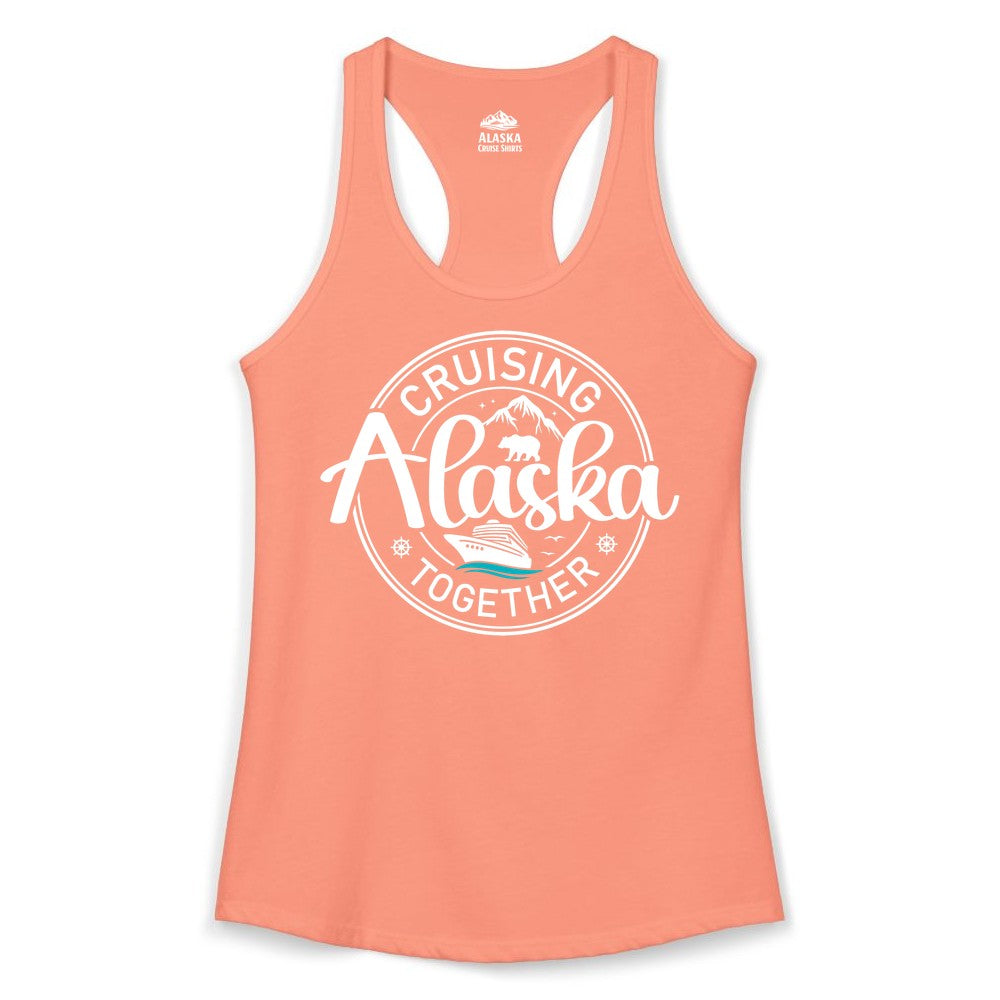 Alaska Cruise Shirt - Retro Family Vacation Apparel for Groups (Ladies Tank) in Solid Light Orange - Alaska Cruise Adventure Retro Badge Shirt - Mountains Bear Ship Family