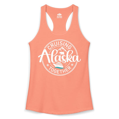 Alaska Cruise Shirt - Retro Family Vacation Apparel for Groups (Ladies Tank) in Solid Light Orange - Alaska Cruise Adventure Retro Badge Shirt - Mountains Bear Ship Family