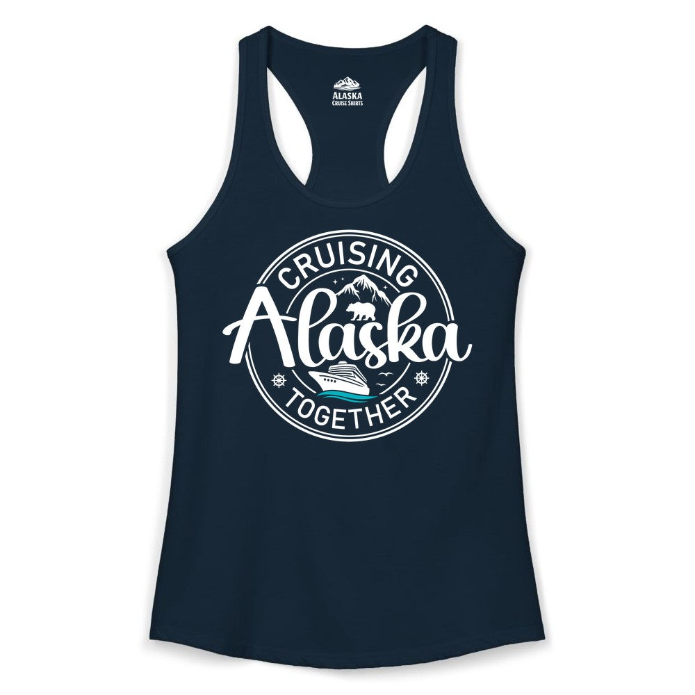 Alaska Cruise Shirt - Retro Family Vacation Apparel for Groups (Ladies Tank) in Solid Midnight Navy - Alaska Cruise Adventure Retro Badge Shirt - Mountains Bear Ship Family