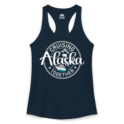 Alaska Cruise Shirt - Retro Family Vacation Apparel for Groups (Ladies Tank) in Solid Midnight Navy - Alaska Cruise Adventure Retro Badge Shirt - Mountains Bear Ship Family