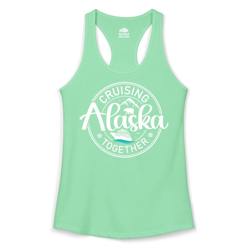 Alaska Cruise Shirt - Retro Family Vacation Apparel for Groups (Ladies Tank) in Solid Mint - Alaska Cruise Adventure Retro Badge Shirt - Mountains Bear Ship Family