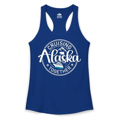 Alaska Cruise Shirt - Retro Family Vacation Apparel for Groups (Ladies Tank) in Solid Royal - Alaska Cruise Adventure Retro Badge Shirt - Mountains Bear Ship Family