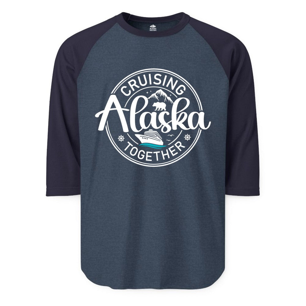 Alaska Cruise Shirt - Retro Family Vacation Apparel for Groups (Raglan) in Heather DenimNavy - Alaska Cruise Adventure Retro Badge Shirt - Mountains Bear Ship Family