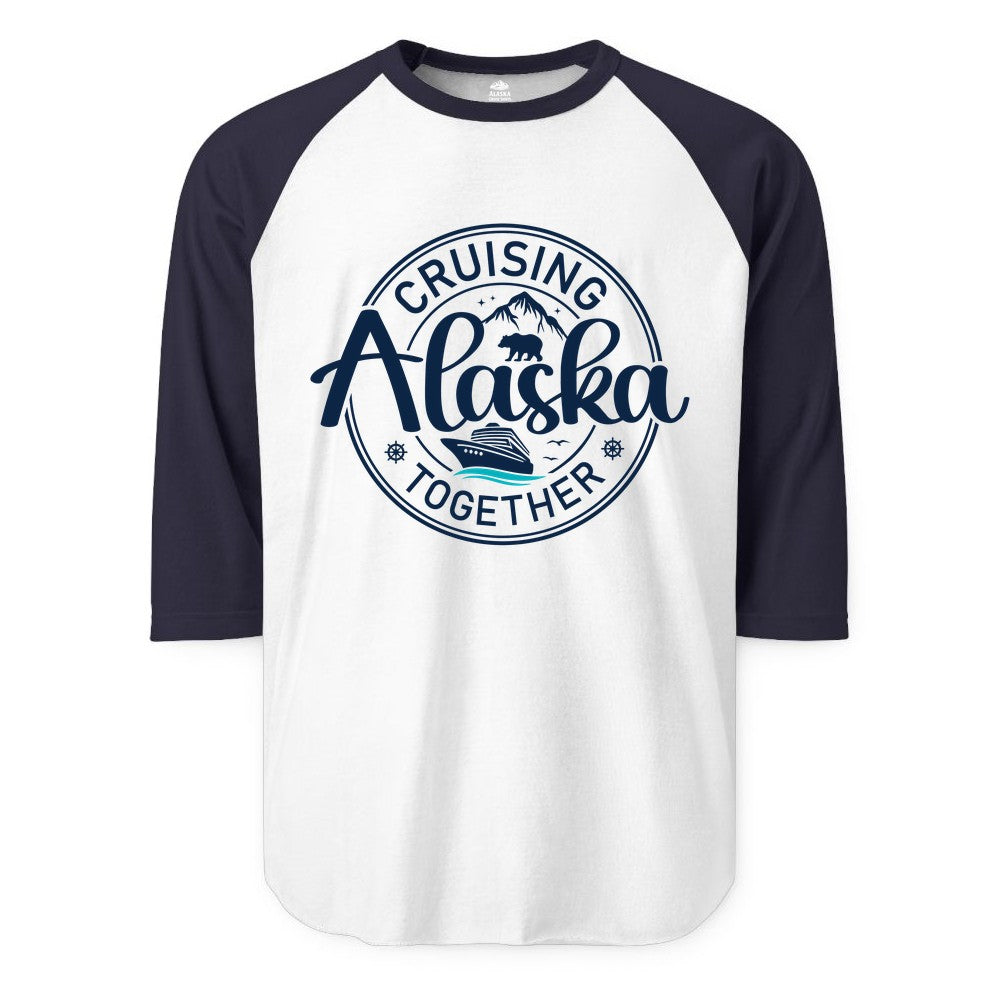 Alaska Cruise Shirt - Retro Family Vacation Apparel for Groups (Raglan) in WhiteNavy - Alaska Cruise Adventure Retro Badge Shirt - Mountains Bear Ship Family