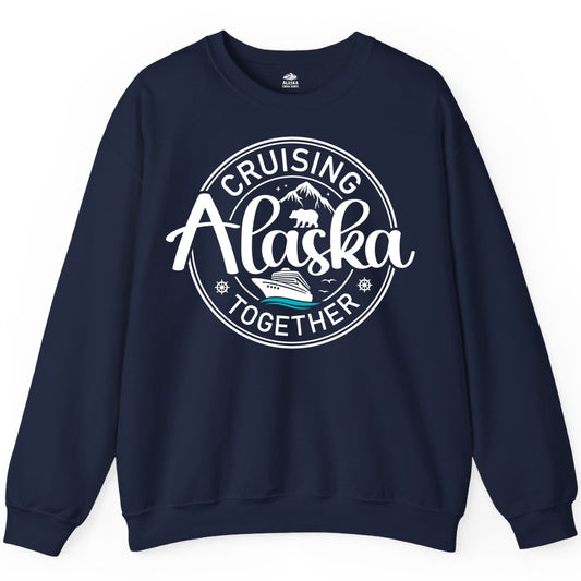 Alaska Cruise Shirt - Retro Family Vacation Apparel for Groups (Sweatshirt) in Navy - Alaska Cruise Adventure Retro Badge Shirt - Mountains Bear Ship Family