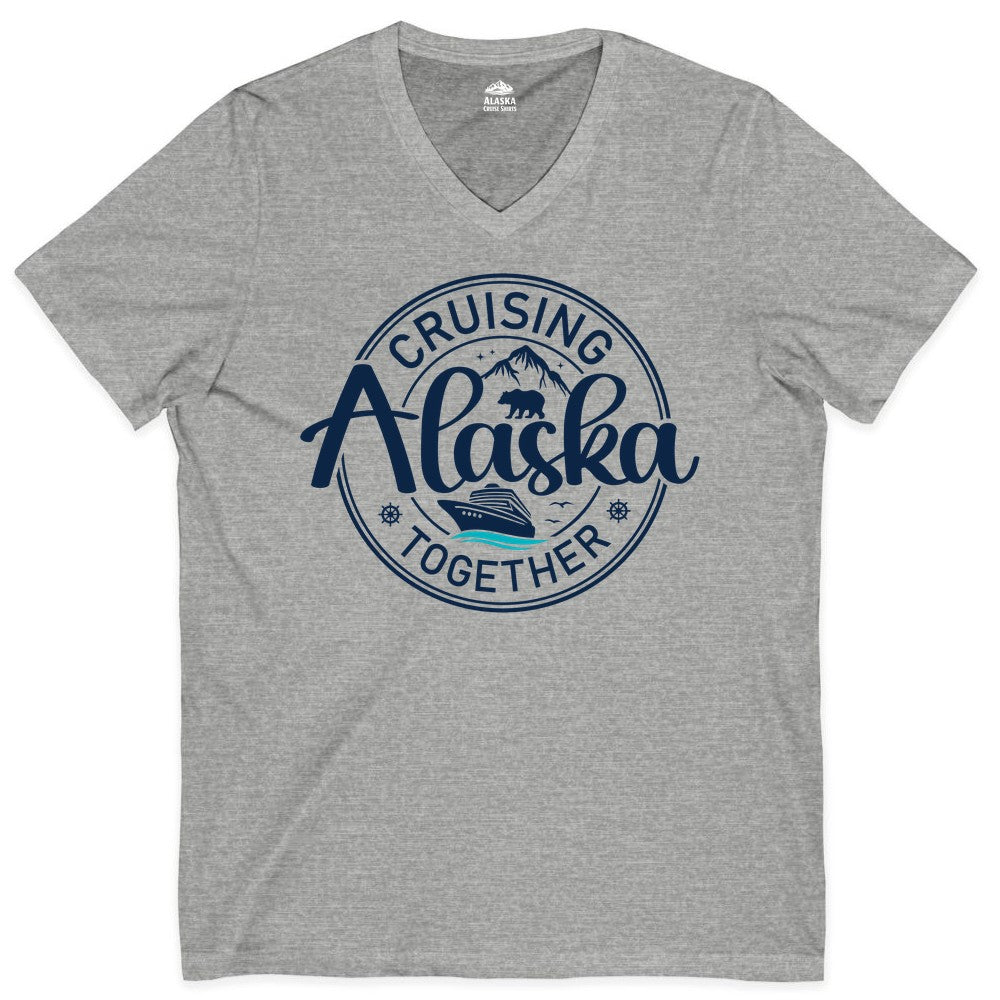 Alaska Cruise Shirt - Retro Family Vacation Apparel for Groups (V-Neck) in Athletic Heather - Alaska Cruise Adventure Retro Badge Shirt - Mountains Bear Ship Family