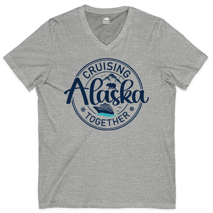 Alaska Cruise Shirt - Retro Family Vacation Apparel for Groups (V-Neck) in Athletic Heather - Alaska Cruise Adventure Retro Badge Shirt - Mountains Bear Ship Family