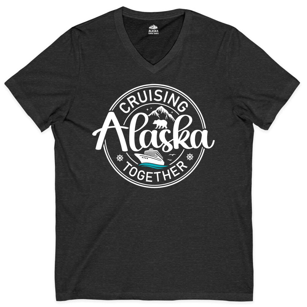 Alaska Cruise Shirt - Retro Family Vacation Apparel for Groups (V-Neck) in Dark Grey Heather - Alaska Cruise Adventure Retro Badge Shirt - Mountains Bear Ship Family