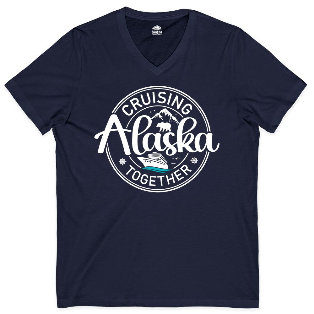 Alaska Cruise Shirt - Retro Family Vacation Apparel for Groups (V-Neck) in Navy - Alaska Cruise Adventure Retro Badge Shirt - Mountains Bear Ship Family