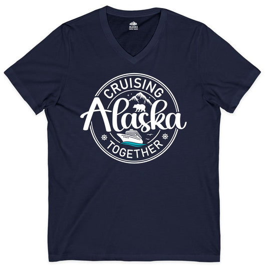 Alaska Cruise Shirt - Retro Family Vacation Apparel for Groups (V-Neck) in Navy - Alaska Cruise Adventure Retro Badge Shirt - Mountains Bear Ship Family