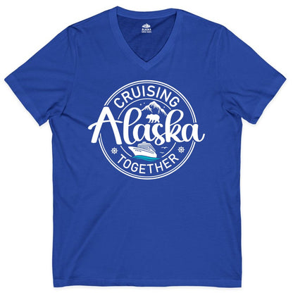 Alaska Cruise Shirt - Retro Family Vacation Apparel for Groups (V-Neck) in True Royal - Alaska Cruise Adventure Retro Badge Shirt - Mountains Bear Ship Family