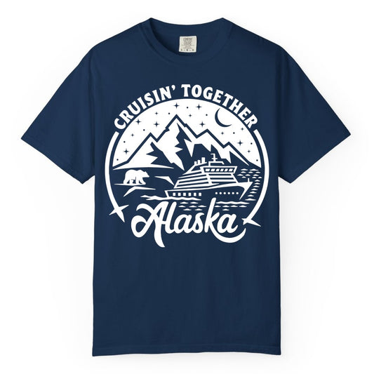 Alaska Cruise Shirt - Adventure Retro Apparel for Group Trips (Comfort Color) in Navy - Alaska Cruise Adventure Shirt - Mountains Bear Ship Retro Travel Tee