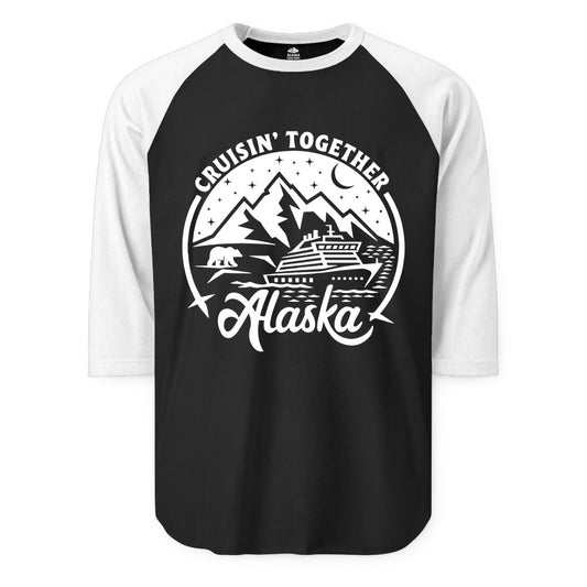 Alaska Cruise Shirt - Adventure Retro Apparel for Group Trips (Raglan) in BlackWhite - Alaska Cruise Adventure Shirt - Mountains Bear Ship Retro Travel Tee