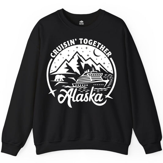 Alaska Cruise Shirt - Adventure Retro Apparel for Group Trips (Sweatshirt) in Black - Alaska Cruise Adventure Shirt - Mountains Bear Ship Retro Travel Tee