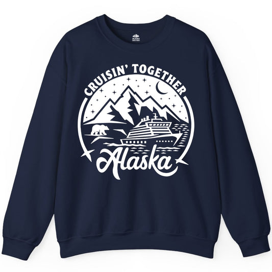 Alaska Cruise Shirt - Adventure Retro Apparel for Group Trips (Sweatshirt) in Navy - Alaska Cruise Adventure Shirt - Mountains Bear Ship Retro Travel Tee