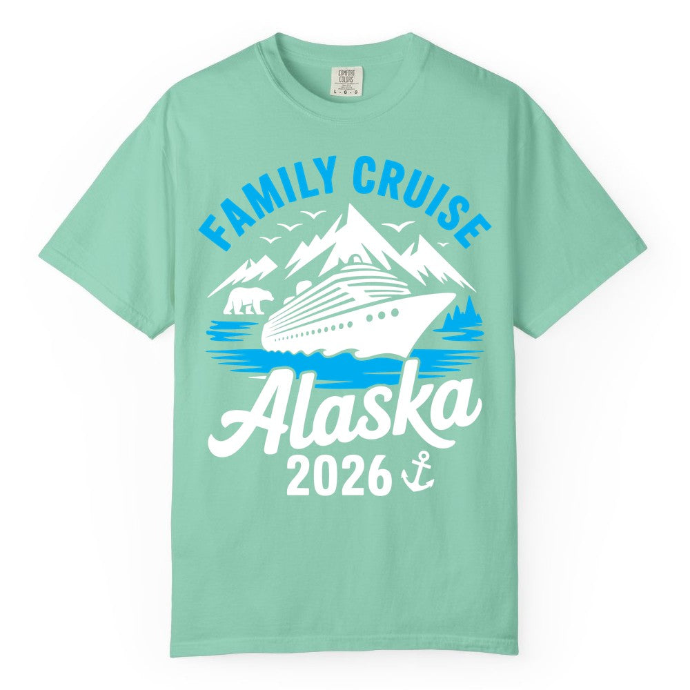 Alaska Family Cruise Shirt - 2026 Cruise Vacation Apparel USA (Comfort Color) in Island Reef - Alaska Family Cruise Shirt 2026 Mountains Wildlife Adventure Tee