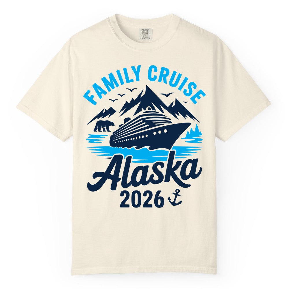 Alaska Family Cruise Shirt - 2026 Cruise Vacation Apparel USA (Comfort Color) in Ivory - Alaska Family Cruise Shirt 2026 Mountains Wildlife Adventure Tee