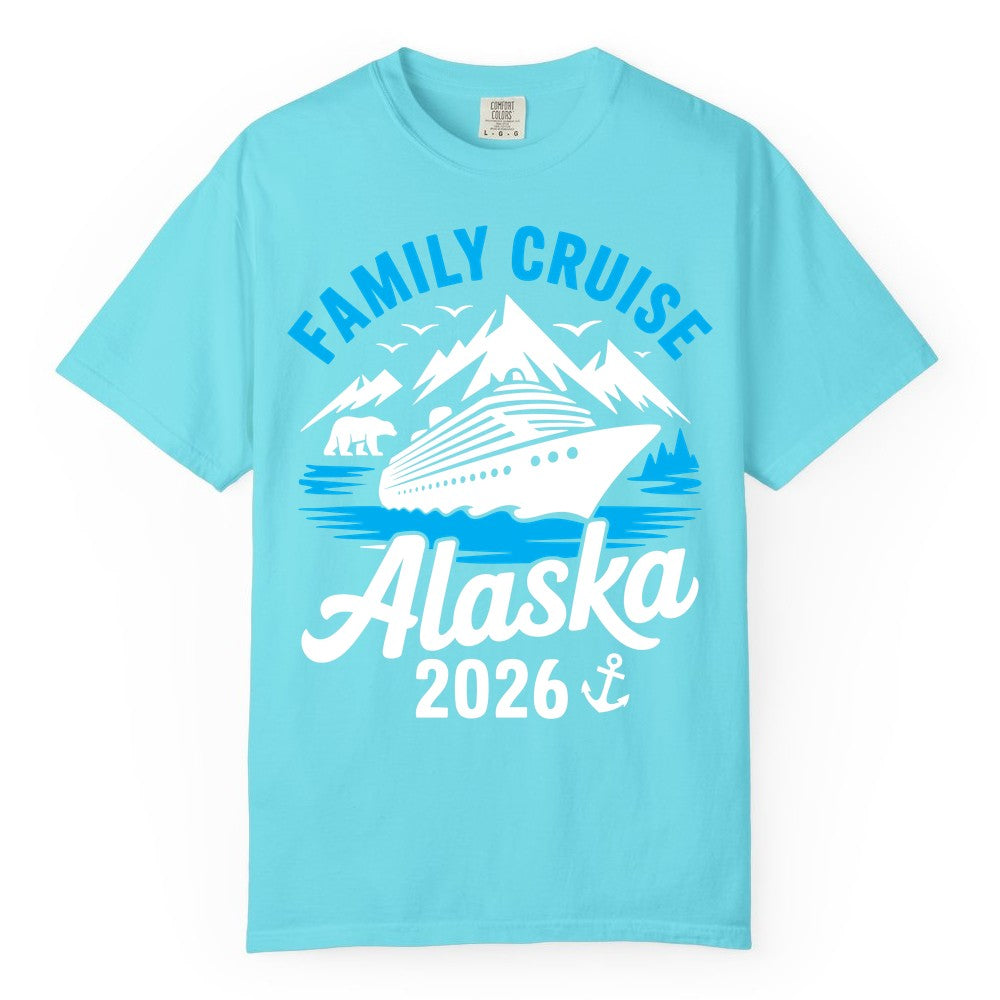 Alaska Family Cruise Shirt - 2026 Cruise Vacation Apparel USA (Comfort Color) in Lagoon Blue - Alaska Family Cruise Shirt 2026 Mountains Wildlife Adventure Tee