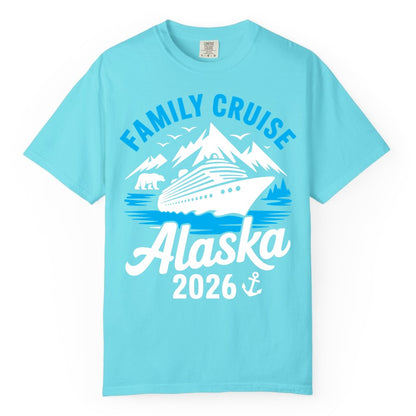 Alaska Family Cruise Shirt - 2026 Cruise Vacation Apparel USA (Comfort Color) in Lagoon Blue - Alaska Family Cruise Shirt 2026 Mountains Wildlife Adventure Tee