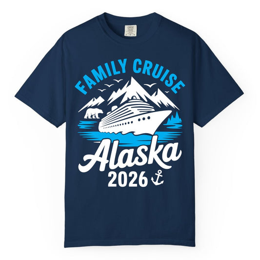 Alaska Family Cruise Shirt - 2026 Cruise Vacation Apparel USA (Comfort Color) in Navy - Alaska Family Cruise Shirt 2026 Mountains Wildlife Adventure Tee
