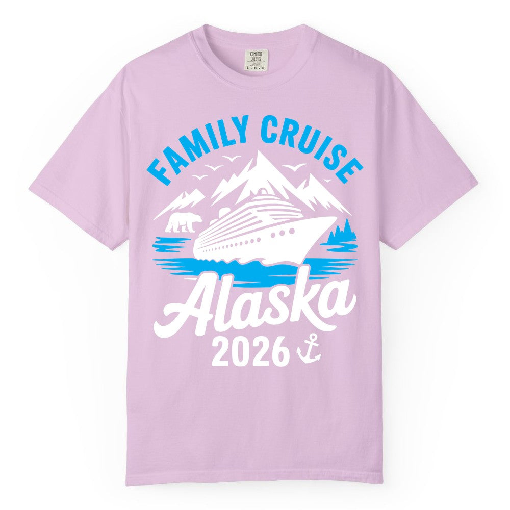 Alaska Family Cruise Shirt - 2026 Cruise Vacation Apparel USA (Comfort Color) in Orchid - Alaska Family Cruise Shirt 2026 Mountains Wildlife Adventure Tee