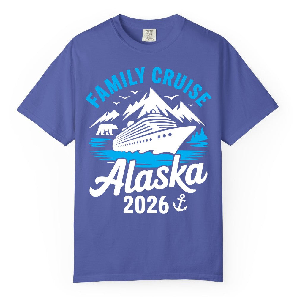 Alaska Family Cruise Shirt - 2026 Cruise Vacation Apparel USA (Comfort Color) in Periwinkle - Alaska Family Cruise Shirt 2026 Mountains Wildlife Adventure Tee