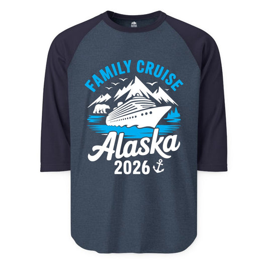 Alaska Family Cruise Shirt - 2026 Cruise Vacation Apparel USA (Raglan) in Heather DenimNavy - Alaska Family Cruise Shirt 2026 Mountains Wildlife Adventure Tee