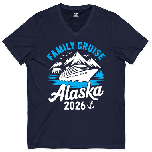 Alaska Family Cruise Shirt - 2026 Cruise Vacation Apparel USA (V-Neck) in Navy - Alaska Family Cruise Shirt 2026 Mountains Wildlife Adventure Tee
