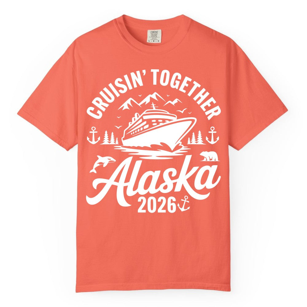 Alaska Cruise Shirt - Family Cruise Apparel for Alaska 2026 Trips (Comfort Color) in Bright Salmon - Alaska Cruise Adventure Shirt - Wildlife Mountains Nautical 2026