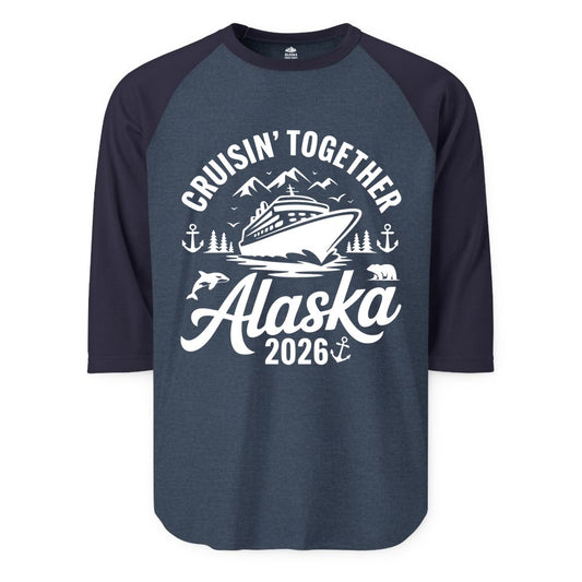 Alaska Cruise Shirt - Family Cruise Apparel for Alaska 2026 Trips (Raglan) in Heather DenimNavy - Alaska Cruise Adventure Shirt - Wildlife Mountains Nautical 2026